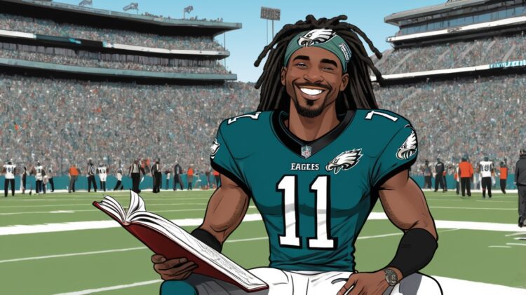 A.J. Brown reading on the sideline